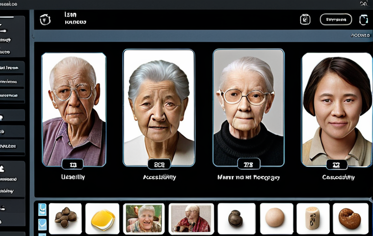 Intuitive virtual memorial interface with easy-to-understand icons and menu, large font option, showing diverse users interacting, highlighting accessibility for elderly.