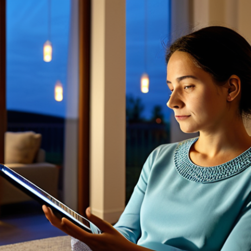 A professional adult woman, fully clothed in modest, comfortable attire, sitting quietly in a warm, modern living room at dusk. She is gently holding a tablet, her gaze fixed on the screen which displays a serene virtual memorial interface featuring a photograph of a beloved person, along with subtle icons suggesting music playback and video clips. Soft ambient light from a nearby window illuminates her contemplative expression, conveying a sense of peaceful remembrance. The atmosphere is calm and respectful. This is appropriate content, safe for work, fully clothed, family-friendly, perfect anatomy, correct proportions, natural pose, well-formed hands, proper finger count, natural body proportions, professional photography, high quality.