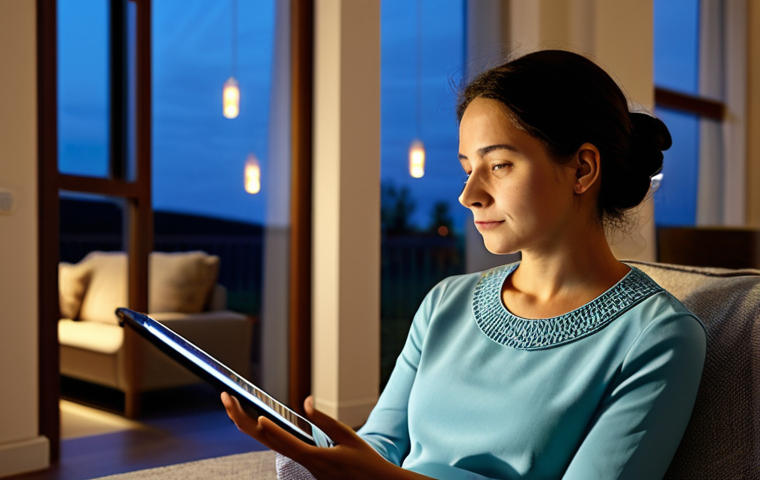 A professional adult woman, fully clothed in modest, comfortable attire, sitting quietly in a warm, modern living room at dusk. She is gently holding a tablet, her gaze fixed on the screen which displays a serene virtual memorial interface featuring a photograph of a beloved person, along with subtle icons suggesting music playback and video clips. Soft ambient light from a nearby window illuminates her contemplative expression, conveying a sense of peaceful remembrance. The atmosphere is calm and respectful. This is appropriate content, safe for work, fully clothed, family-friendly, perfect anatomy, correct proportions, natural pose, well-formed hands, proper finger count, natural body proportions, professional photography, high quality.
